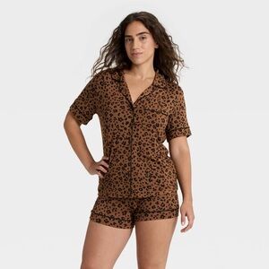 Auden Cloud Knit Leopard Print Short Sleeve Notch Collar Shirt & Shorts Pajamas